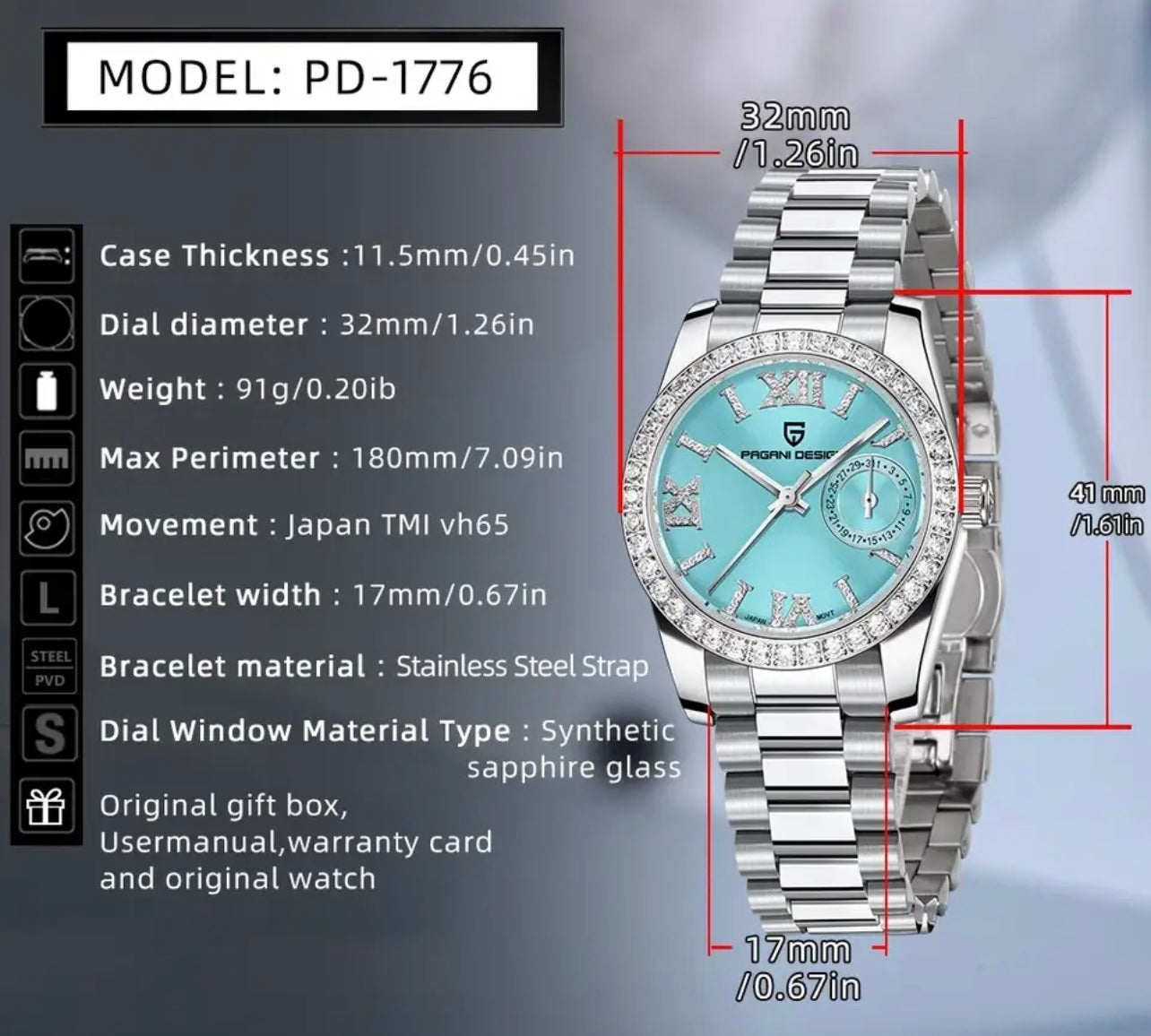 PAGANI DESIGN 2023 New 32 MM Women's Wristwatch Luxury Quartz Watch Waterproof , Sapphire Watch