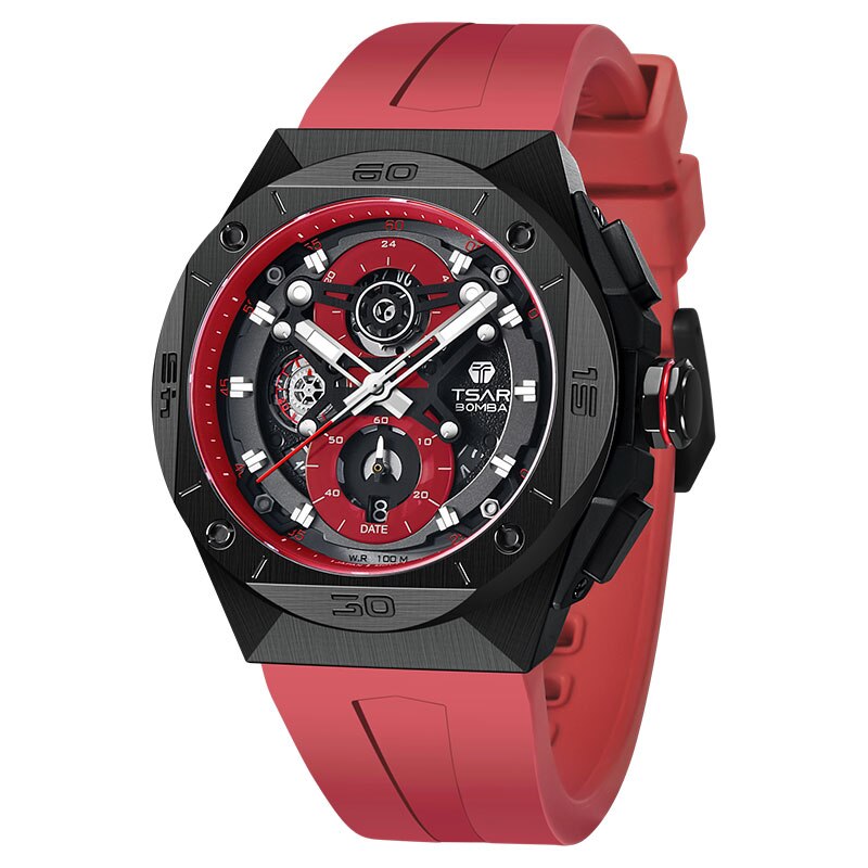TSAR BOMBA Watch for Mens 100M Waterproof Rubber Strap MIYOTA JS20 Movement Chronograph Sapphire Advance Business Wristwatch