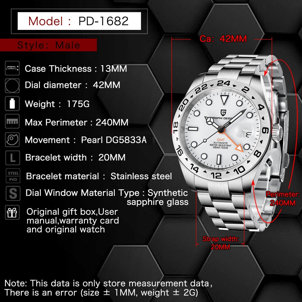 2022 PAGANI Design New Men Automatic Mechanical Watches GMT Watch 42mm Sapphire Stainless Steel Waterproof Watch