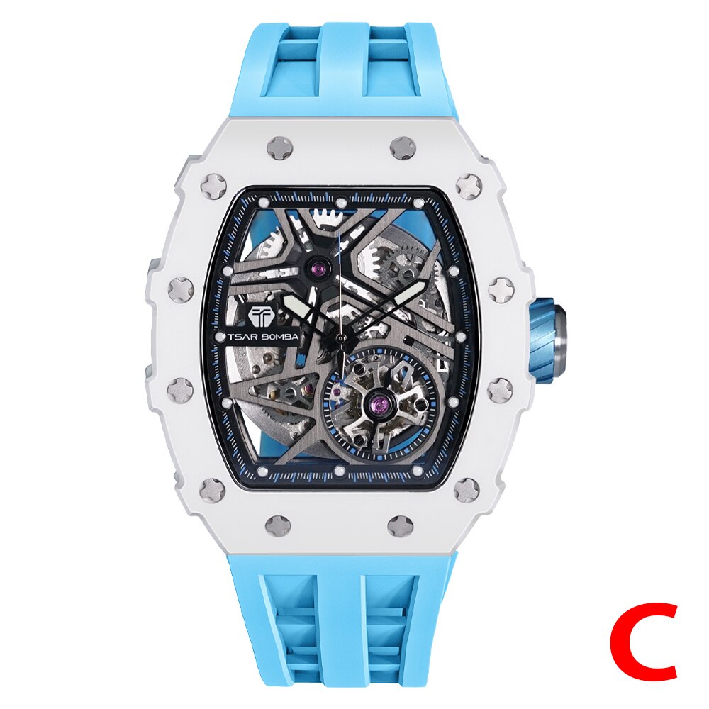 TSAR BOMBA 2022 New Watch Men Water Resistant  Luxury White WristWatch Skeleton Clock Tonneau Mechanical Watch for Men
