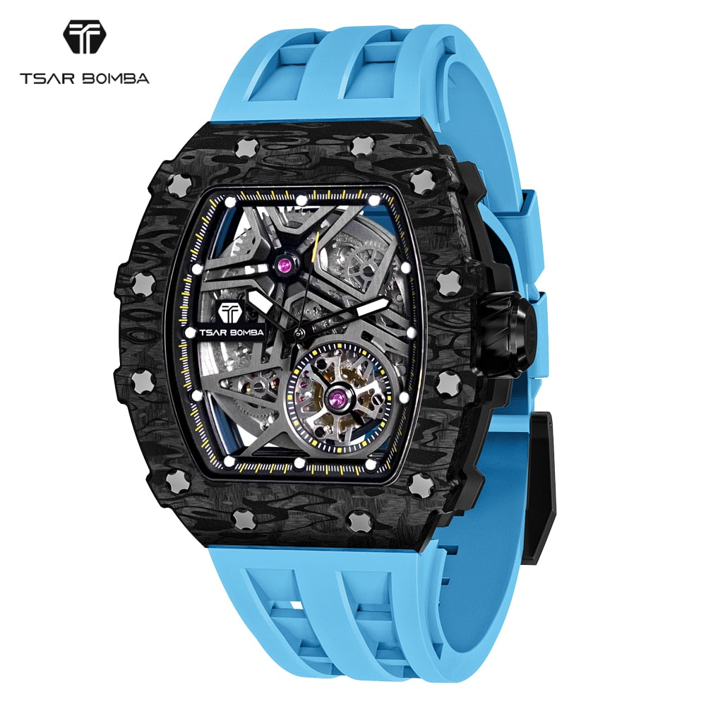 TSAR BOMBA Mens Automatic Watch Water Resistant Carbon Fiber WristWatch Luxury Skeleton Clock Tonneau Mechanical Watch for Men