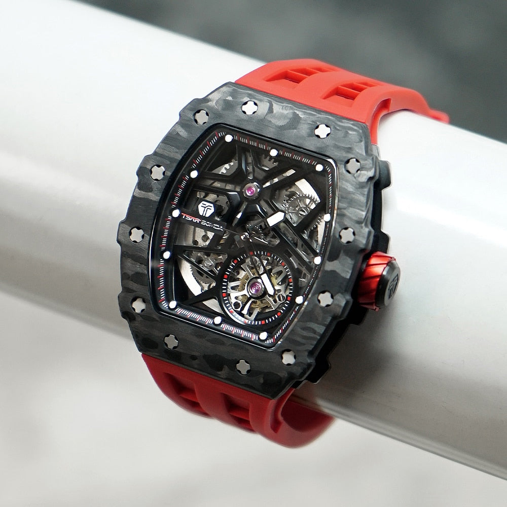 TSAR BOMBA Mens Automatic Watch Water Resistant Carbon Fiber WristWatch Luxury Skeleton Clock Tonneau Mechanical Watch for Men